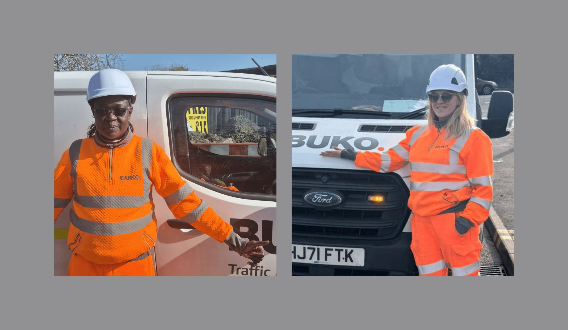 "Nancy and Aime, Traffic Management Operatives, standing confidently in high-visibility jacket and hard hat, representing women breaking barriers in traffic management.